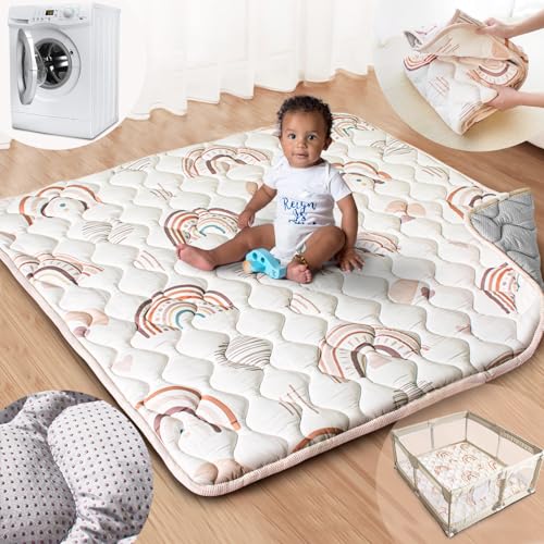 Image of Beavtaens Baby Play Mat, 50x50 Playpen Mat with Super Soft Touch, Activity Mat with Upgraded Anti-Slip Bottom, Machine Washable Crawling Mat for Floor & Picnic(Boho Rainbow)