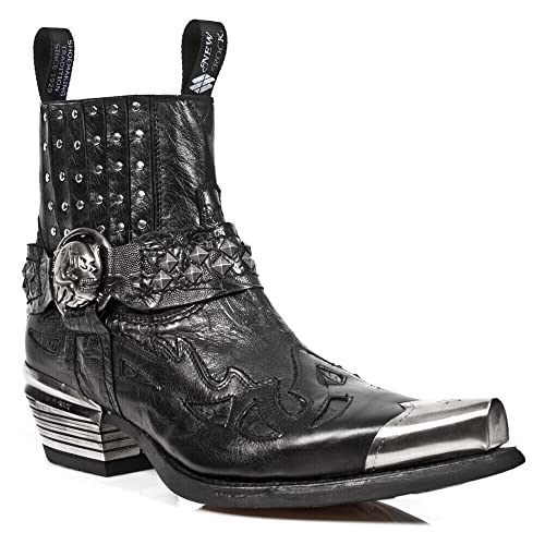 New Rock Mens Boots 7950P-S1 Black Ankle Western Goth Strap Skull Studded Metal Boot3