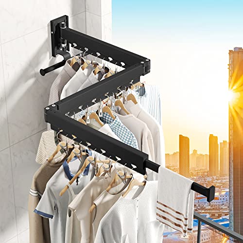 BOQORAD Clothes Drying Rack,Wall Mounted Laundry Rack,Drying Rack Clothing,Laundry Drying Rack Wall Mount,Retractable Clothes Rack,Collapsible,Windproof Holes,with Clips,Black Color - Thumbnail 7