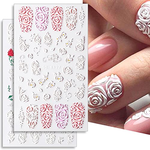 3Pcs Valentine's Day Nail Art Stickers Decals 5D Engraved Flower Rose Ribbon Sliders For Nail Art Decoration Valentines Day Wedding Embossed Design Accessory (Valentine's Day) #TOP7