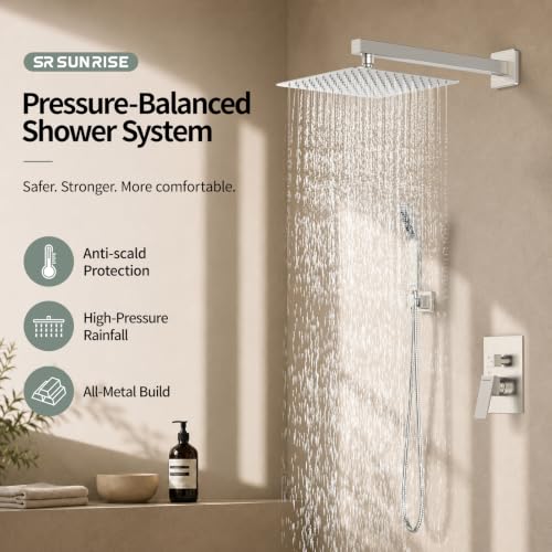 Image of SR SUN RISE Shower Faucet Set 10-Inch Rainfall Shower Head Brushed Nickel