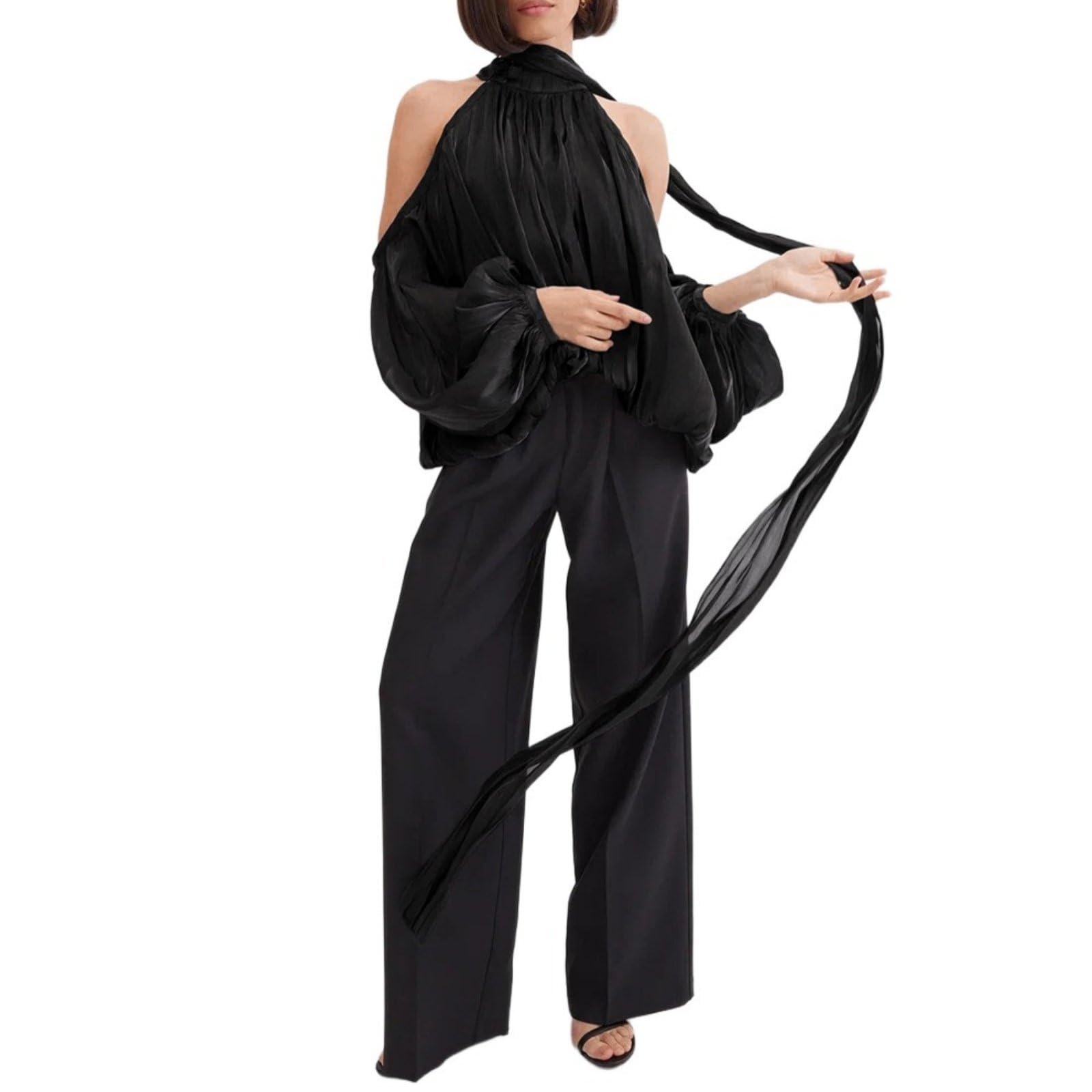 Haut Pour Femme À Manches Bouffantes Élégantes Épaules Dénudées Et Col Halter Sexy Pour Fête De Vacances