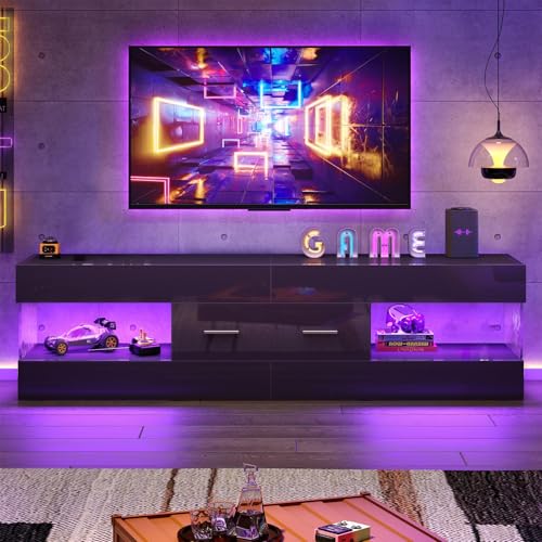 Image of Bestier Black 60 Inch Modern TV Stand, LED Entertainment Center with Drawer | Fits up to 65 in TV, High Gloss with Stone Pattern, Large Storage Drawer & Open Shelves, 7-Color LED Lights for Living Room