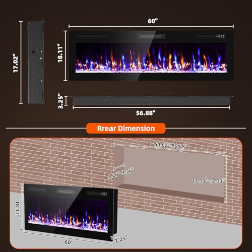 Image of Zionheat 60 inch Wide Screen Electric Fireplace-Wall Fireplace for Living Room-Fireplace Inserts /Wall Mounted with Remote Control, Timer, Dimmer, 12 Flame Colors, 750 /1500W