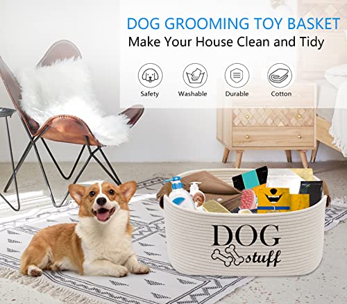 Durable Cotton Rope Dog Toy Storage, Large Dog bin, pet Bed, Puppy Toy Box - Perfect for organizing pet Toys, Blankets, leashes, Clothing and Any Doggie Stuff - Beige
