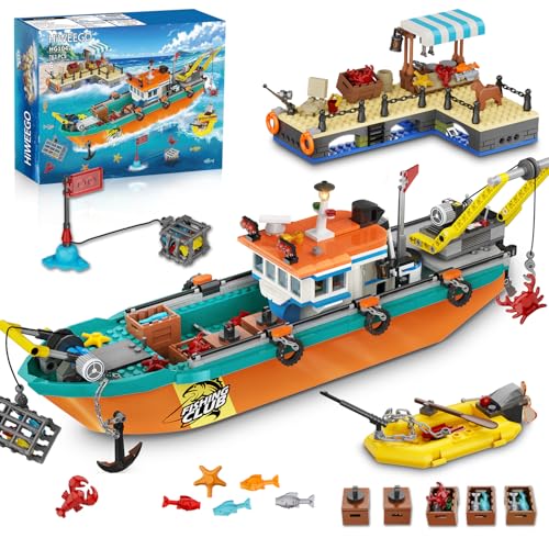 HiWEEGO Città barca da pesca cantiere navale – kit costruzione galleggiante oceano gru container, giocattolo regalo compleanno 6 7 8+