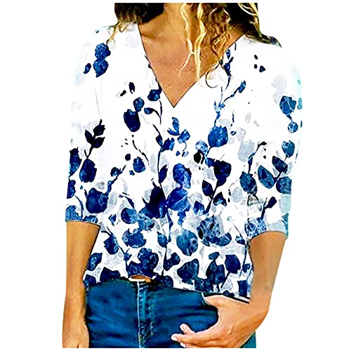 Lanterne en Mousseline de Soie Chemise à Manches Trois-Quarts à imprimé Floral Manches pour Femmes Col en V Chemisier pour Femmes Femmes Tops Habillé Décontracté Printemps