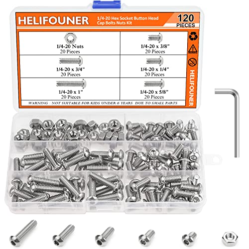 Image of HELIFOUNER 120 Pieces 5 Sizes 304 Stainless Steel 1 /4-20 x 3 /8 inch 1 /2 inch 5 /8 inch 3 /4 inch 1 inch UNC Thread Hex Button Head Cap Bolts Kit