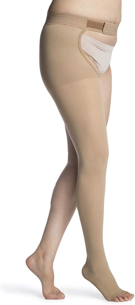 SIGVARIS Women’s Essential Opaque 860 Open Toe Thigh-Highs w/Grip Top & Waist Attachment 30-40mmHg - Light Beige - Large Long