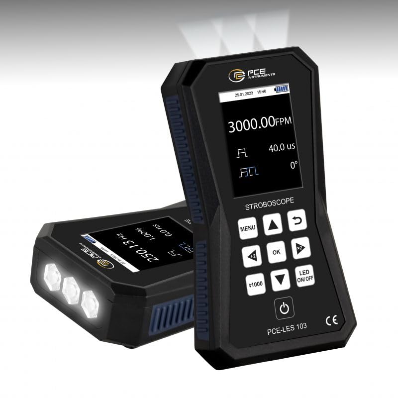 PCE Instruments, PCE-LES 103 Handheld LED Stroboscope for Rotating Machinery, Measures 60–300,000 FPM / 1–5,000 Hz, with 3 high-Power LEDs (11,730 lux at 20 cm), USB-C Rechargeable Battery