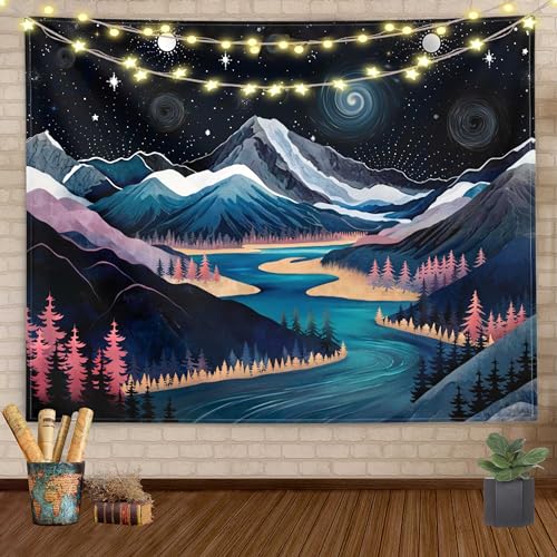 Mountain Tapestry Forest Tree Tapestry for Bedroom Aesthetic Starry Night Moon Stars Tapestrys Wall Hanging for Room
