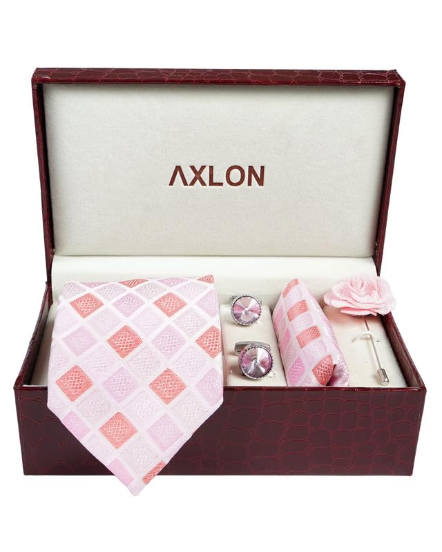 Image of Axlon Tie for Men - Micro Silk Neck Ties Set with Cufflinks Flower Pin, Pocket Square & Black Gift Box, Combo Necktie Sets for Office Wear, Formal Suits & Weddings (0, Checkpn)