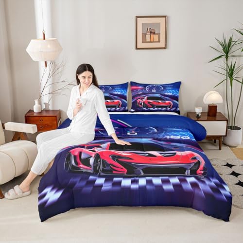 Image of Feelyou Purple Red Race Car Comforter Set Boys Extreme Sports Car Bedding Set for Kids Boys Cool Car Comforter Car Sports Inner Fill Duvet Set 1 Comforter Set with 2 Pillowcases Queen Size