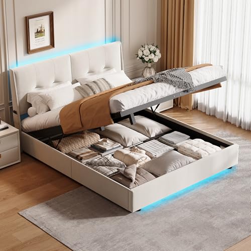 Cama de 140 x 200 cm con somier, marco de cama con iluminación LED y almacenamiento, bolsas de tela en ambos lados de la cabecera, terciopelo, sin colchón, beige