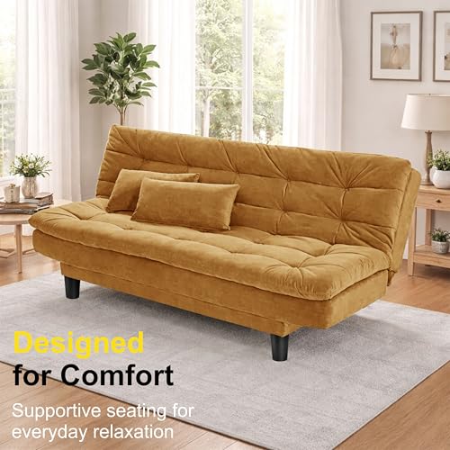 Image of Modern 3 Seater Sofa Cum Bed with Cushions, Foldable Convertible Couch, Velvet Fabric Sleeper Sofa for Living Room, Guest Room, Golden