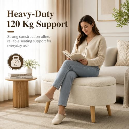 Image of Upholstered Ottoman Storage Bench, Premium Boucle Fabric, Heavy Duty 120 Kg Load Capacity, Multipurpose Seating for Living Room & Bedroom, Cream