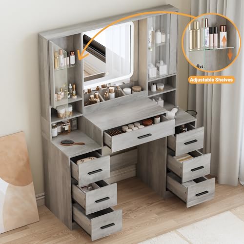 Image of BORNOON Vanity Desk with Mirror and Lights, Makeup Vanity with 7 Drawers, 2 Glass Door Cabinets, Charging Station, Adjustable Shelves, RGB Lighting, Holder