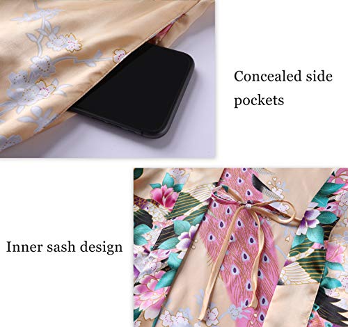 Image of BABEYOND Women's Kimono Robe Long Satin Robes with Peacock and Blossoms Printed Kimono Nightgown