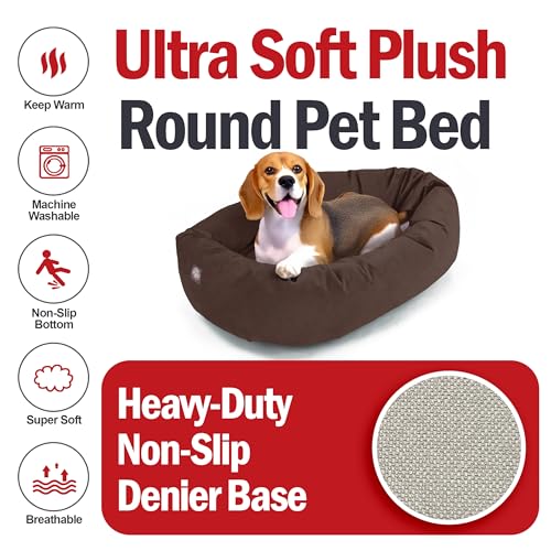 Image of Majestic Pet Suede Shredded Memory Foam Mix Calming Dog Bed Washable - Cozy Soft Round Dog Bed with Spine for Head Support - Fluffy Donut Dog Bed, 32 Inch, Chocolate