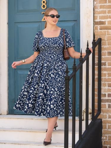 Image of RITERA Plus Size Dresses for Curvy Women Square Neck Short Sleeve Summer Floral Smocked Maxi Dress with Pocket XL-5XL