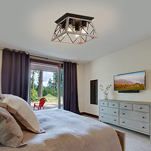 Q&S Farmhouse Ceiling Light Oak Semi Flush Mount Vintage 4-Light Square Rustic Island Light Fixtures For Entryway Hallway Dining Room Living Room Bedroom #TOP1