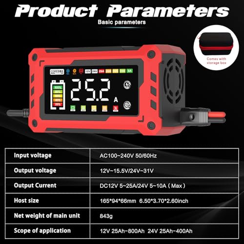 Image of COREBOX Battery Charger 25-Amp 12V /24V Automatic Smart Battery Trickle Charger, Battery Maintainer Desulfator with Temperature Compensation for Car Truck Motorcycle Lawn Mower Marine