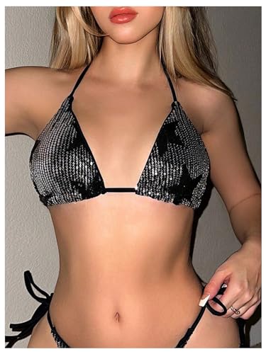 WDIRARA Women's Star Pattern Triangle Cup Halter Y2K Swim Tops Summer Tie Backless Sequin Patched Glitter Bikini Top3