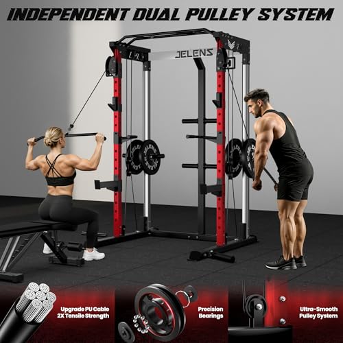 Image of JELENS C21 Power Cage, 2000LBS Multi-Function Power Rack with Independent Dual Pulley System, All-in-One Squat Rack for Cable Crossover, Home Gym Workout Machine