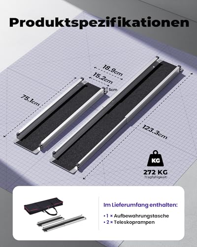 Teleskop Rollstuhlrampen rutschfest 123 cm Hochbelastbare Aluminium-Rampe für Mobilitätsroller (272KG Tragfähigkeit) mit Tragetasche, faltbares Design für Haustreppen/Rollstühle/Roller, 2er-Set