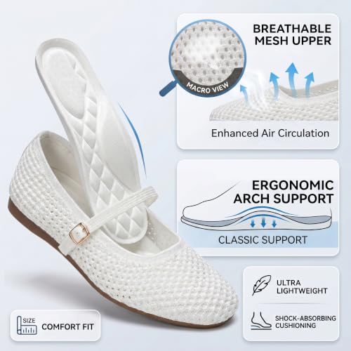 Image of Buyrew Women's Mary Jane Flats Breathable Mesh Square Toe Ballet Flats with Arch Support Washable Non Slip Casual Dress Shoes for Work Office