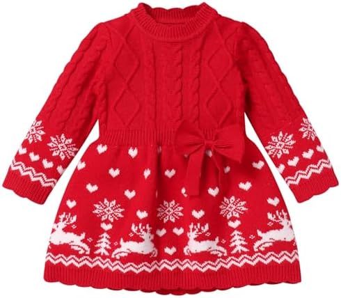 IDOPIP Infant Girls Knit Sweater Dress - Baby Christmas Crochet Pullover, Toddle