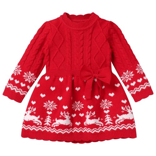 Image of IMEKIS Baby Girls Christmas Sweater Dress Xmas Reindeer Snowflake Bowknot Ruffle Jumper Dress Long Sleeve Round Neck Cable Knit Fall Winter Dresses Red 3-6 Months