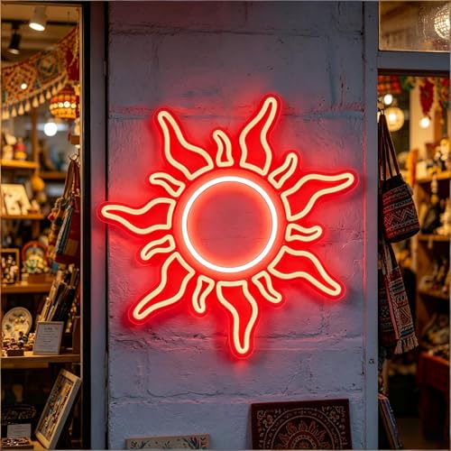 Image of Sun Neon Sign, USB Powered Dimmable Neon Light, Home Bedroom Game Room Cafe Bar Party Decor, Modern Style Wall Art, Gift for Teens Boys Girls, 11.8 Inch Red LED Light Up Decorative Sign
