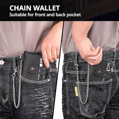 Chain Wallet for Men Genuine Leather Bifold Wallets Rfid Blocking Men Purse Double Zipper Coin Pocket with Anti-Theft Chain2