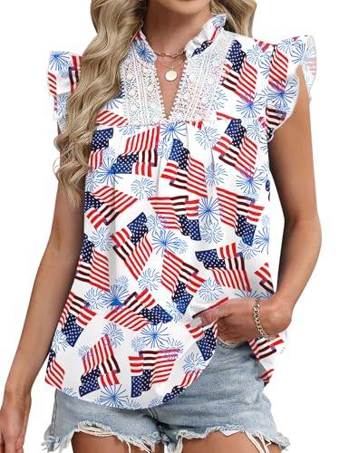 AKEWEI Womens Summer Ruffle Sleeve Lace Embroidered V Neck Work Blouses Pleated Tank Top - image 4