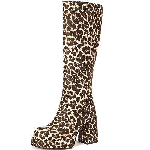 Seborluys Women Animal Print Knee High Gogo Boots Platform Chunky Heel Long Boots With Zipper