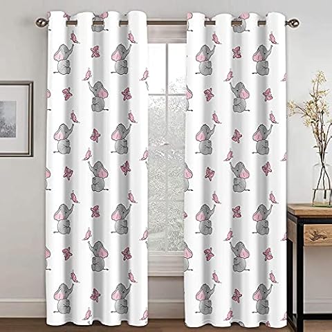 NuAnYI Curtains For Bedroom Cute Animal Elephant Pink Blackout Curtains Soft Solid Thermal Insulated Pencil Pleats Curtain Drapes Window Treatment Decoration Cover