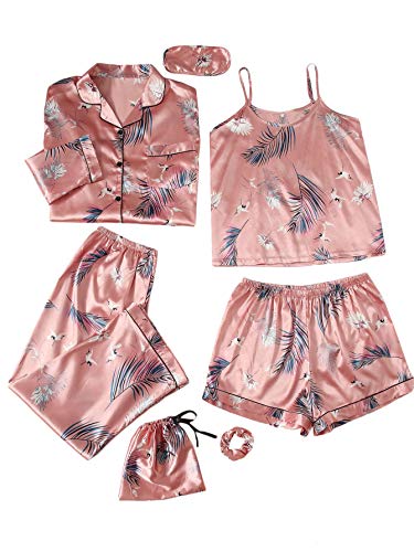 SheIn Women's Plus 7pcs Crane and Plants Print Satin Pajama Set with Eye Mask Dusty Pink 1XL