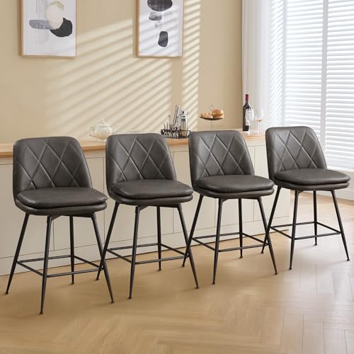 Image of Swivel Bar Stools Set of 4, Swivel Counter Height Bar Stools Set with Metal Legs and Upholstered Faux-Leather Seats, Modern Bar Stool with Back for Kitchen Island (A29 H, Grey)