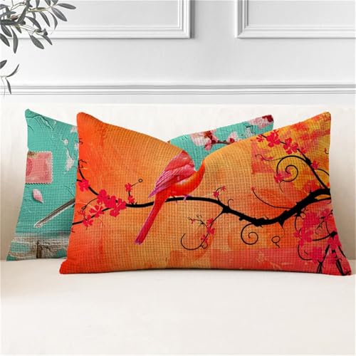 Fundas Cojines Turquesa Cojines Rectangulares Grandes 25x50, Cojin Exterior Impermeable Pájaro Fundas Almohada, Doble Cara Funda Cojin in Lino para Sofa Jardín Banco Coche Terraza Cama, 2 Piezas J2-4