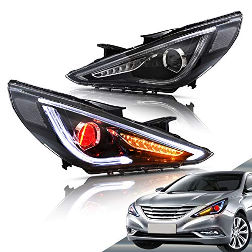 VLAND Projector Led Headlights Compatible with Hyundai Sonata 2011-2014(Not Fit Hybrid and Models Without Auto Leveling) w/Amber Sequential w/Demon Eyes D2H/ D2S Bulbs(NOT included) for Hi/Lo Beam