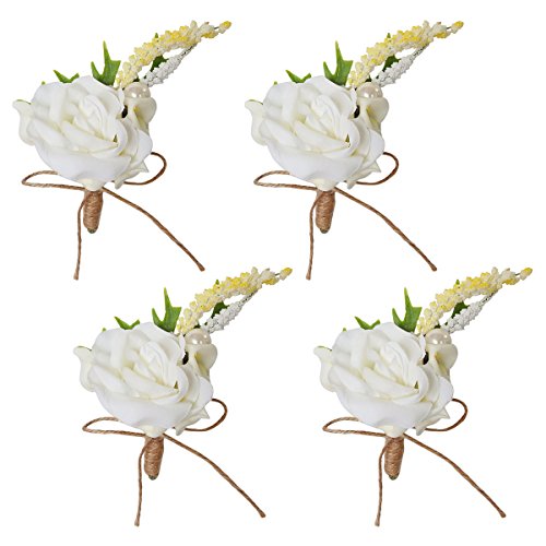 4pcs Wedding Prom Groom Calla Lily Boutonniere White Rose Flower Corsage Pins Set
