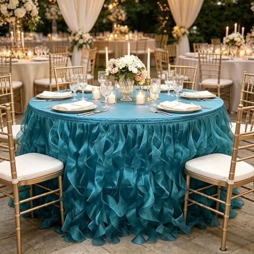Image of Luxury Organza Mesh Table Skirt Draping Floating Romance - Perfect for Bridal Showers, Birthday Weddings - Clear Flowing Decoration for a Wonderful Main Cake Table (Peacock Blue-6ft, 72 inchLx30 inchH)