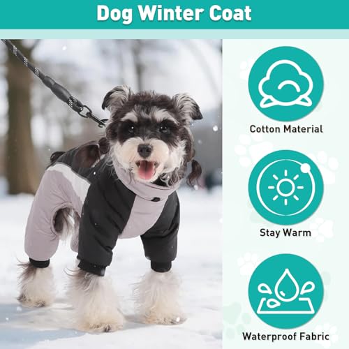 Duuclume Hunde-Wintermantel, warme Jacke, verstellbar, wasserdicht, 4 Beine, Haustier-Overall mit D-Ring und reflektierenden Streifen für kleine bis große Hunde (Schwarz-Grau, L)