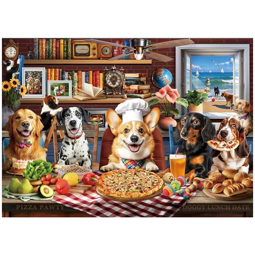 BenBen Puzzles for Adults 1000 Pieces, Dogs' Dinner Party, Dog Jigsaw Puzzle with Letters on Back, Funny Animal Puzzle, Challenging Puzzles for Family...