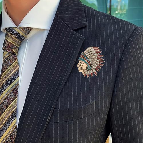 Image of Rhinestone Indian Chief Head Brooch Pin for Women Men Gold Plated Fashion Creative Colorful Crystal Tribal Pendant Brooches Lapel Pins Delicate Hat Bag Suit Dress Accessories Holiday Festival Jewelry