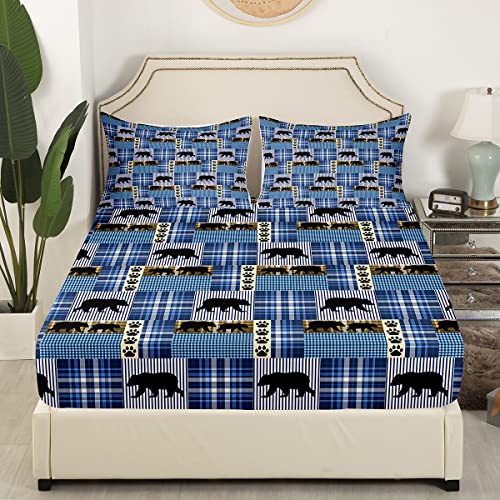 Buffalo Plaid Bedding Sets Patchwork Bear Paw Sheet Set Jungle Hunting Theme Bed Sheets Lodge Rustic Cabin Home Decor Navy Blue Grid Western Fitted Sheet Deep Pocket With 2 Pillow Cases Full Size #TOP3