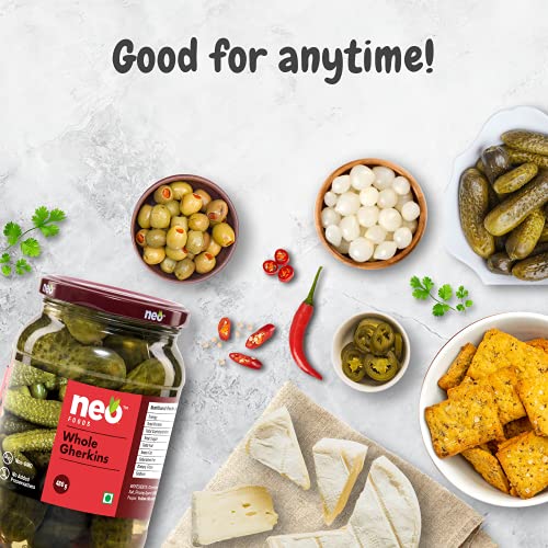 Image of Neo Whole Gherkins 480g I Pack of 1 I 100% Plant Based I Low Fat Sweet and Crunchy Pickles, Ready to Eat I Enjoy with Nachos, Make a Healthy Salad at home