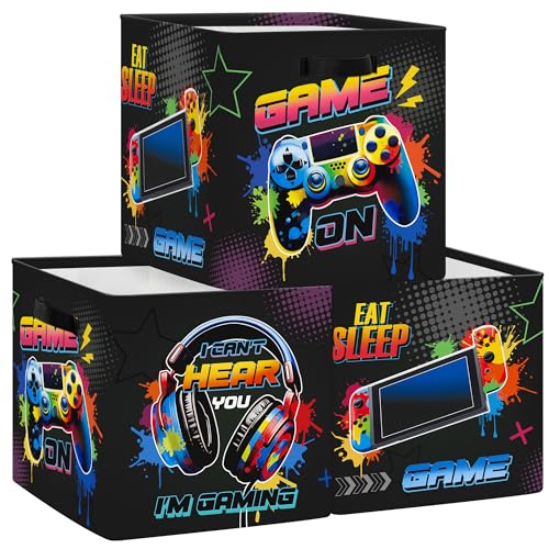 HUUMONSS 30cm Aufbewahrungsbox 3 Stück Gamer Neon Schild Aufbewahrungskorb Kinder Falt Spiel Controller LED Headset mit Griffen Aufbewahrungswürfel Organizer für Spielzeug Bücher Kleidung,Graffiti