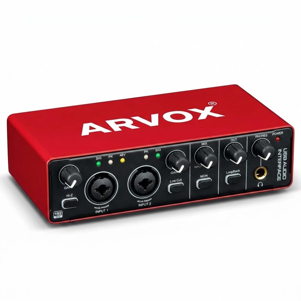 Arvox Audio Interface 2x2 Gen 3 | Premium Mic Pre-Amps | 48V Phantom Power Support | 24bit/192kHz High Fidelity Recording | XLR/MIC/LINE inputs | Plug & Play-No Drivers | Metal Body | Red (GEN3)-image-45